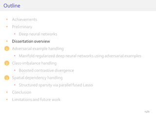 • Achievements
• Preliminary
• Deep neural networks
• Dissertation overview
• Adversarial example handling
• Manifold regularized deep neural networks using adversarial examples
• Class-imbalance handling
• Boosted contrastive divergence
• Spatial dependency handling
• Structured sparsity via parallel fused Lasso
• Conclusion
• Limitations and future work
Outline
1
2
3
15/81
 