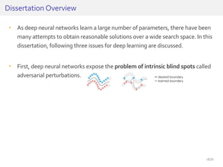 • As deep neural networks learn a large number of parameters, there have been
many attempts to obtain reasonable solutions over a wide search space. In this
dissertation, following three issues for deep learning are discussed.
• First, deep neural networks expose the problem of intrinsic blind spots called
adversarial perturbations.
Dissertation Overview
18/81
 
