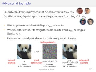 Szegedy et al, Intriguing Properties of Neural Networks, ICLR 2014.
Goodfellow et al, Explaining and HarnessingAdversarial Examples, ICLR 2015.
• We can generate an adversarial input 𝑥 𝑎𝑑𝑣 = 𝑥 + ∆𝑥.
• We expect the classifier to assign the same class to 𝑥 and 𝑥 𝑎𝑑𝑣 so long as
∆𝑥 ∞ < 𝜖.
• However, very small perturbation can misclassify correct images.
Adversarial Example
adversarial
example
original
example
small
perturbation
Goodfellow, ICLR 2015.
fooling networks
23/81
 