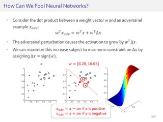 • Consider the dot product between a weight vector w and an adversarial
example 𝑥 𝑎𝑑𝑣:
• The adversarial perturbation causes the activation to grow by 𝑤 𝑇∆𝑥.
• We can maximize this increase subject to max norm constraint on ∆𝑥 by
assigning ∆𝑥 = sign(𝑤).
HowCanWe Fool Neural Networks?
𝑤 𝑇 𝑥 𝑎𝑑𝑣 = 𝑤 𝑇 𝑥 + 𝑤 𝑇∆𝑥
𝑥 𝑎𝑑𝑣 = 𝑥 − 𝜀𝑤 if 𝑥 is positive
𝑥 𝑎𝑑𝑣 = 𝑥 + 𝜀𝑤 if 𝑥 is negative
𝑤 = [8.28, 10.03]𝑥
24/81
 
