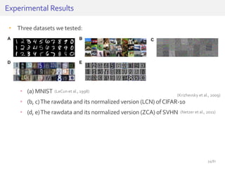 • Three datasets we tested:
• (a) MNIST
• (b, c)The rawdata and its normalized version (LCN) ofCIFAR-10
• (d, e)The rawdata and its normalized version (ZCA) of SVHN
Experimental Results
(Krizhevsky et al., 2009)
(LeCun et al., 1998)
(Netzer et al., 2011)
34/81
 