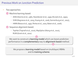 • Two approaches:
• Machine learning-based:
• ANN (Stormo et al., 1982; Noordewier et al., 1990; Brunak et al., 1991),
• SVM (Degroeve et al., 2005; Huang et al., 2006; Sonnenburg et al., 2007),
• HMM (Reese et al., 1997; Pertea et al., 2001; Baten et al., 2006).
• Sequence alignment-based:
• TopHat (Trapnell et al., 2010), MapSplice (Wang et al., 2010),
RUM (Grant et al., 2011).
PreviousWork on Junction Prediction
We want to construct a learning model which can boost prediction
performance in a complementary way to alignment-based method.
1
2
1
2
We propose a learning model based on (multilayer) RBMs
and its training scheme.
43/81
 