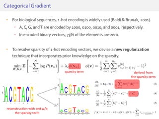 • For biological sequences, 1-hot encoding is widely used (Baldi & Brunak, 2001).
• A,C,G, andT are encoded by 1000, 0100, 0010, and 0001, respectively.
• In encoded binary vectors, 75% of the elements are zero.
• To resolve sparsity of 1-hot encoding vectors, we devise a new regularization
technique that incorporates prior knowledge on the sparsity.
Categorical Gradient
sparsity term
reconstruction with and w/o
the sparsity term
derived from
the sparsity term
50/81
 