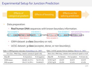 • Data preparation:
• Real human DNA sequences with known boundary information.
• GWH dataset: 2-class (boundary or not).
• UCSC dataset: 3-class (acceptor, donor, or non-boundary).
Experimental Setup for Junction Prediction
Effects of
categorical gradient
Effects of boosting
Effects on the
splicing prediction
CGTAGCAGCGATACGTACCGATCGTCACTATCATCGAGGTACGAGAGATCGATCGGCAACG
true acceptor 1 true donor 1 true acceptor 2 non-canonical true donor
false acceptor 1false donor 1
53/81
 