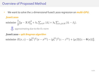 • We want to solve the 2-dimensional fused Lasso regression on multi-GPU.
Overview of Proposed Method
approximating due to the ℓ1-norm
fused Lasso
fused Lasso + split Bregman algorithm
61/81
 
