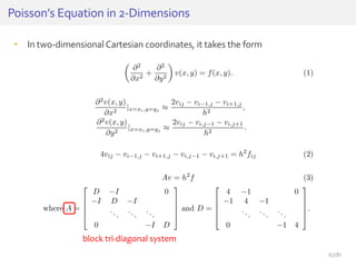 • In two-dimensional Cartesian coordinates, it takes the form
Poisson’s Equation in 2-Dimensions
block tri-diagonal system
67/81
 