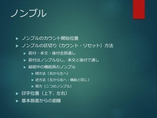 ノンブル
 ノンブルのカウント開始位置
 ノンブルの区切り（カウント・リセット）方法
 前付・本文・後付全部通し
 前付はノンブルなし、本文と後付で通し
 縦組中の横組頁のノンブル
 順方法（右から左へ）
 逆方法（左から右へ：横組と同じ）
 両方（二つのノンブル）
 印字位置（上下、左右）
 基本版面からの距離
 