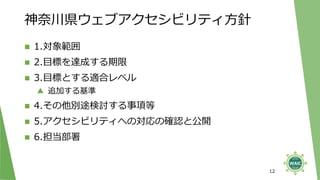 神奈川県ウェブアクセシビリティ方針
◼ 1.対象範囲
◼ 2.目標を達成する期限
◼ 3.目標とする適合レベル
▲ 追加する基準
◼ 4.その他別途検討する事項等
◼ 5.アクセシビリティへの対応の確認と公開
◼ 6.担当部署
12
 
