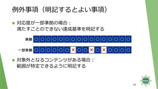 ◼ 対応度が一部準拠の場合：
満たすことのできない達成基準を明記する
◼ 対象外となるコンテンツがある場合：
範囲が特定できるように明記する
例外事項（明記するとよい事項）
16
 