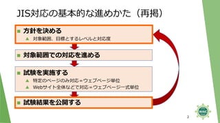 ◼ 方針を決める
▲ 対象範囲、目標とするレベルと対応度
◼ 対象範囲での対応を進める
◼ 試験を実施する
▲ 特定のページのみ対応＝ウェブページ単位
▲ Webサイト全体などで対応＝ウェブページ一式単位
◼ 試験結果を公開する
JIS対応の基本的な進めかた（再掲）
2
 