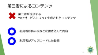 利用者が掲示板などに書き込んだ内容
利用者がアップロードした動画
第三者が提供する
Webサービスによって生成されたコンテンツ
第三者によるコンテンツ
33
 