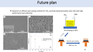 Future plan
 Research on efficient spin-coating method for TiO2 nanorods-based perovskite solar cells with high
performance and uniformity
16
10 20 30 40 50 60 70 80 90
(116)
(220)
Intensity
(a.u.)
2q (degree)
TNR-PSK (DMF-IPA_2steps)
TNR-PSK (DMF-DMSO_1 step)
New method
(110)
(a)
(b)
(c)
MAI
PbI2
MA solution
in Ethanol +
Acetonitrile
Pre-heating at 70oC
Dynamic spin-coating
3000 rpm, 30 s
 
