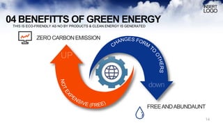 04 BENEFITTS OF GREEN ENERGY
THIS IS ECO-FRIENDLY AS NO BY PRODUCTS & CLEAN ENERGY IS GENERATED
ZERO CARBON EMISSION
FREEANDABUNDAUNT
14
 