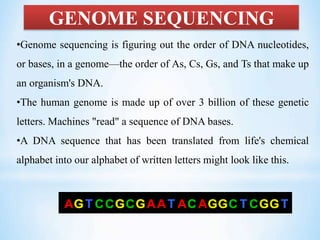 •Genome sequencing is figuring out the order of DNA nucleotides,
or bases, in a genome—the order of As, Cs, Gs, and Ts that make up
an organism's DNA.
•The human genome is made up of over 3 billion of these genetic
letters. Machines "read" a sequence of DNA bases.
•A DNA sequence that has been translated from life's chemical
alphabet into our alphabet of written letters might look like this.
GENOME SEQUENCING
 