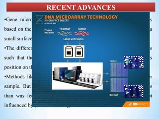 RECENT ADVANCES
•Gene microarray technology or “global expression profiling” is
based on the ability to deposit numerous different DNA strands on a
small surface, typically a chip.
•The different DNA sequences are organized in columns and rows
such that the identity of each sequence is recognized through its
position on the array.
•Methods like RT-PCR allow analyzing for only a few genes per
sample. But microarray technology not only analyses more genes
than was feasible formerly, but also can observed genes are not
influenced by preselection of genes.
 