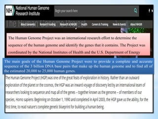 The Human Genome Project was an international research effort to determine the
sequence of the human genome and identify the genes that it contains. The Project was
coordinated by the National Institutes of Health and the U.S. Department of Energy
The main goals of the Human Genome Project were to provide a complete and accurate
sequence of the 3 billion DNA base pairs that make up the human genome and to find all of
the estimated 20,000 to 25,000 human genes.
 