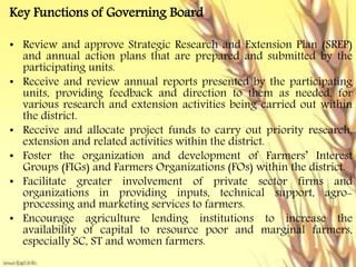 Key Functions of Governing Board
• Review and approve Strategic Research and Extension Plan (SREP)
and annual action plans that are prepared and submitted by the
participating units.
• Receive and review annual reports presented by the participating
units, providing feedback and direction to them as needed, for
various research and extension activities being carried out within
the district.
• Receive and allocate project funds to carry out priority research,
extension and related activities within the district.
• Foster the organization and development of Farmers’ Interest
Groups (FIGs) and Farmers Organizations (FOs) within the district.
• Facilitate greater involvement of private sector firms and
organizations in providing inputs, technical support, agro-
processing and marketing services to farmers.
• Encourage agriculture lending institutions to increase the
availability of capital to resource poor and marginal farmers,
especially SC, ST and women farmers.
 