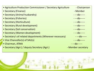 • Agriculture Production Commissioner / Secretary Agriculture - Chairperson
• Secretary (Finance) - Member
• Secretary (Animal husbandry) - ---do------
• Secretary (Fisheries) - ---do------
• Secretary (Horticulture) - ---do------
• Secretary (Rural development) - ---do------
• Secretary (Soil conservation) - ---do------
• Secretary (Women development) - ---do------
• Secretary's of related departments (Wherever necessary) - ---do------
• Vice Chancellor(s) of SAU(s) - ---do------
• Chairman, ATMA - ---do------
• Secretary (Agri.) / deputy Secretary (Agri.) - Member secretary
 