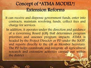 Concept of “ATMA MODEL”/
Extension Reforms
It can receive and dispense government funds, enter into
contracts, maintain revolving funds, collect fees and
charge for services.
In addition, it operates under the direction and guidance
of a Governing Board (GB) that determines program
priorities and assesses program impacts. ATMA is
headed by the Project Director or PD under the NATP,
and reports directly to the GB as Member Secretary.
The PD helps coordinate and integrate all agricultural
research and extension activities carried out within
the district
 