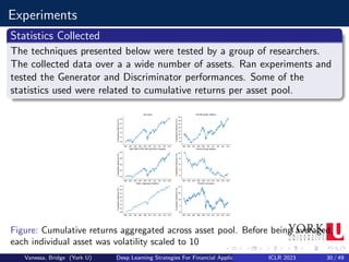 Experiments
Statistics Collected
The techniques presented below were tested by a group of researchers.
The collected data over a a wide number of assets. Ran experiments and
tested the Generator and Discriminator performances. Some of the
statistics used were related to cumulative returns per asset pool.
Figure: Cumulative returns aggregated across asset pool. Before being averaged,
each individual asset was volatility scaled to 10
Vanessa, Bridge (York U) Deep Learning Strategies For Financial Applications ICLR 2023 30 / 49
 