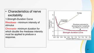 • Characteristics of nerve
excitability
1.Strength-Duration Curve
Rheobase - minimum intensity of
stimulus
Chronaxie- minimum duration for
which double the rheobase intensity
must be applied to produce a
response.
27
 