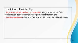 • Inhibition of excitability
1.High extracellular calcium concentration- A high extracellular Ca2+
concentration decreases membrane permeability to Na+ ions
2.Local anaesthetics- Procaine ,Tetracaine , lidocaine block Na+ channels
30
 