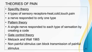THEORIES OF PAIN
• Specifity theory
• 4 types of sensory receptors-heat,cold,touch,pain
• a nerve responded to only one type
• Pattern theory
• A single nerve responded to each type of sensation by
creating a code
• Gate control theory
• Melzack and Wall 1965
• Non painful stimulus can block transmission of painful
stimulus 42
 