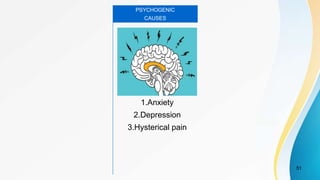 51
1.Anxiety
2.Depression
3.Hysterical pain
PSYCHOGENIC
CAUSES
 