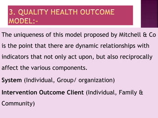 The uniqueness of this model proposed by Mitchell & Co
is the point that there are dynamic relationships with
indicators that not only act upon, but also reciprocally
affect the various components.
System (Individual, Group/ organization)
Intervention Outcome Client (Individual, Family &
Community)
 