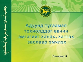 Адуунд түгээмэл
тохиолддог өвчин
,эмгэгийг ханах хатгах
заслаар эмчлэх
3Семинар
 