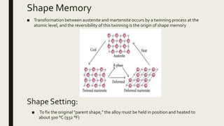 Shape Memory
■ Transformation between austenite and martensite occurs by a twinning process at the
atomic level, and the reversibility of this twinning is the origin of shape memory
Shape Setting:
■ To fix the original "parent shape," the alloy must be held in position and heated to
about 500 °C (932 °F)
 