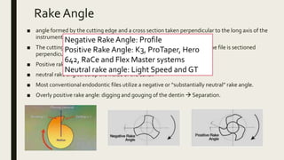 RakeAngle
■ angle formed by the cutting edge and a cross section taken perpendicular to the long axis of the
instrument.
■ The cutting angle: angle formed by the cutting edge and a radius when the file is sectioned
perpendicular to the cutting edge.
■ Positive rake angles: cut more efficiently
■ neutral rake angles: scrap the inside of the canal.
■ Most conventional endodontic files utilize a negative or “substantially neutral” rake angle.
■ Overly positive rake angle: digging and gouging of the dentin  Separation.
Negative Rake Angle: Profile
Positive Rake Angle: K3, ProTaper, Hero
642, RaCe and Flex Master systems
Neutral rake angle: Light Speed and GT
 