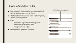 Gates-Glidden drills
■ long, thin shaft ending in a flame-shaped head, with a
safe tip to guard against perforations.
■ The flame head cuts laterally and is used with gentle,
apically directed pressure.
■ Uses:
– Remove the lingual shoulder during access
preparation of the anterior teeth
– Enlarge root canal orifices
■ Recommended speed 750-1000 rpm
Weakest part- safety design
 