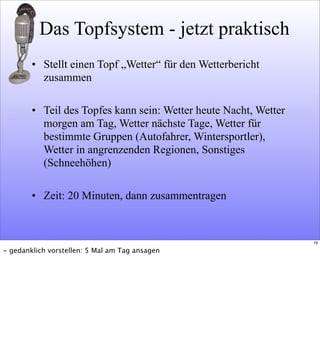 Das Topfsystem - jetzt praktisch
• Stellt einen Topf „Wetter“ für den Wetterbericht
zusammen
• Teil des Topfes kann sein: Wetter heute Nacht, Wetter
morgen am Tag, Wetter nächste Tage, Wetter für
bestimmte Gruppen (Autofahrer, Wintersportler),
Wetter in angrenzenden Regionen, Sonstiges
(Schneehöhen)
• Zeit: 20 Minuten, dann zusammentragen
19
- gedanklich vorstellen: 5 Mal am Tag ansagen
 