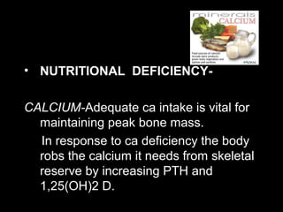 • NUTRITIONAL DEFICIENCY-
CALCIUM-Adequate ca intake is vital for
maintaining peak bone mass.
In response to ca deficiency the body
robs the calcium it needs from skeletal
reserve by increasing PTH and
1,25(OH)2 D.
 