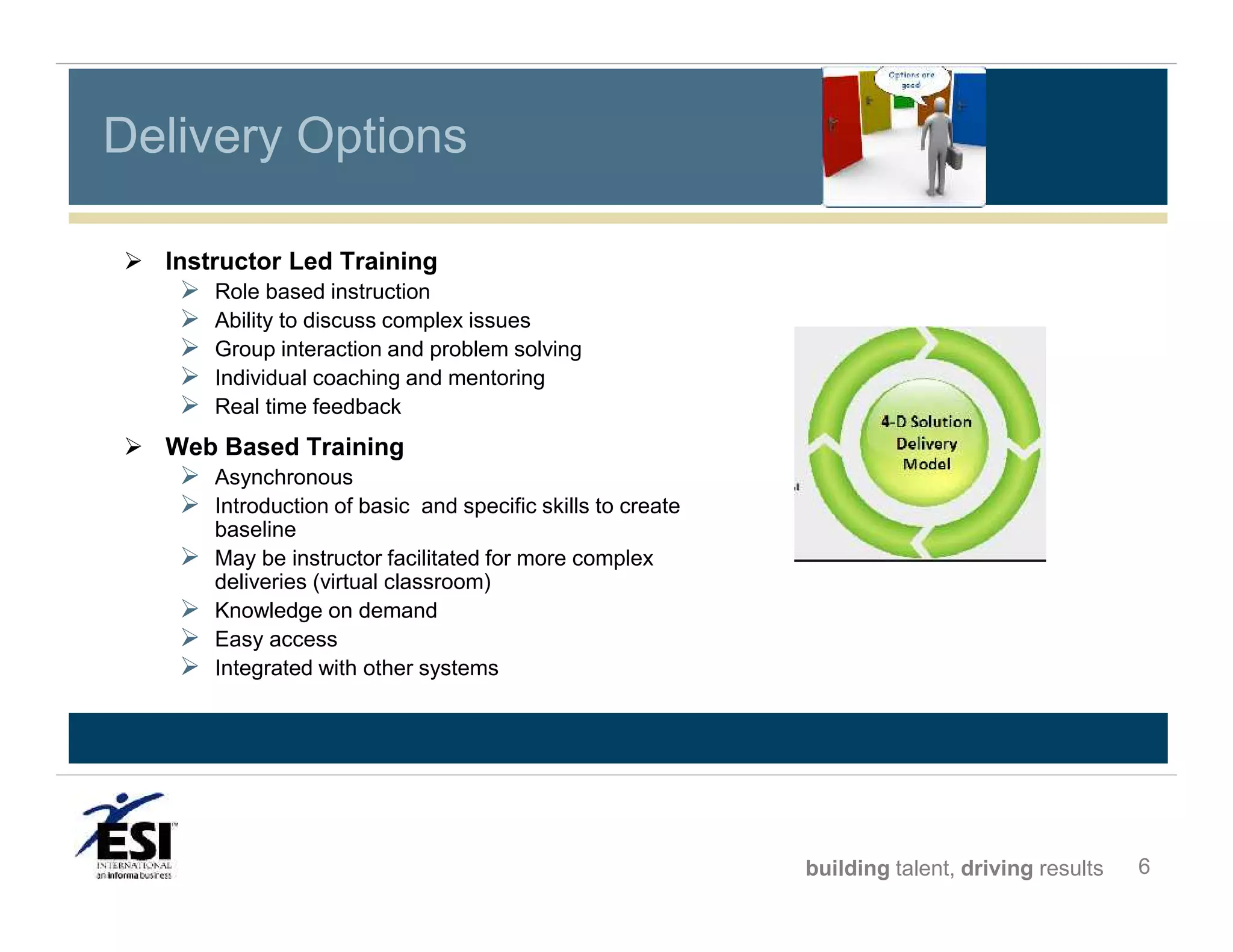 Delivery Options
 Instructor Led Training







Role based instruction
Ability to discuss complex issues
Group interaction and problem solving
Individual coaching and mentoring
Real time feedback

 Web Based Training

 Asynchronous
 Introduction of basic and specific skills to create





baseline
May be instructor facilitated for more complex
deliveries (virtual classroom)
Knowledge on demand
Easy access
Integrated with other systems

building talent, driving results

6

 