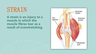 A strain is an injury to a
muscle in which the
muscle fibres tear as a
result of overstretching.
STRAIN
 
