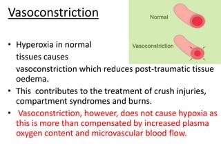 Vasoconstriction
• Hyperoxia in normal
tissues causes
vasoconstriction which reduces post-traumatic tissue
oedema.
• This contributes to the treatment of crush injuries,
compartment syndromes and burns.
• Vasoconstriction, however, does not cause hypoxia as
this is more than compensated by increased plasma
oxygen content and microvascular blood flow.
 