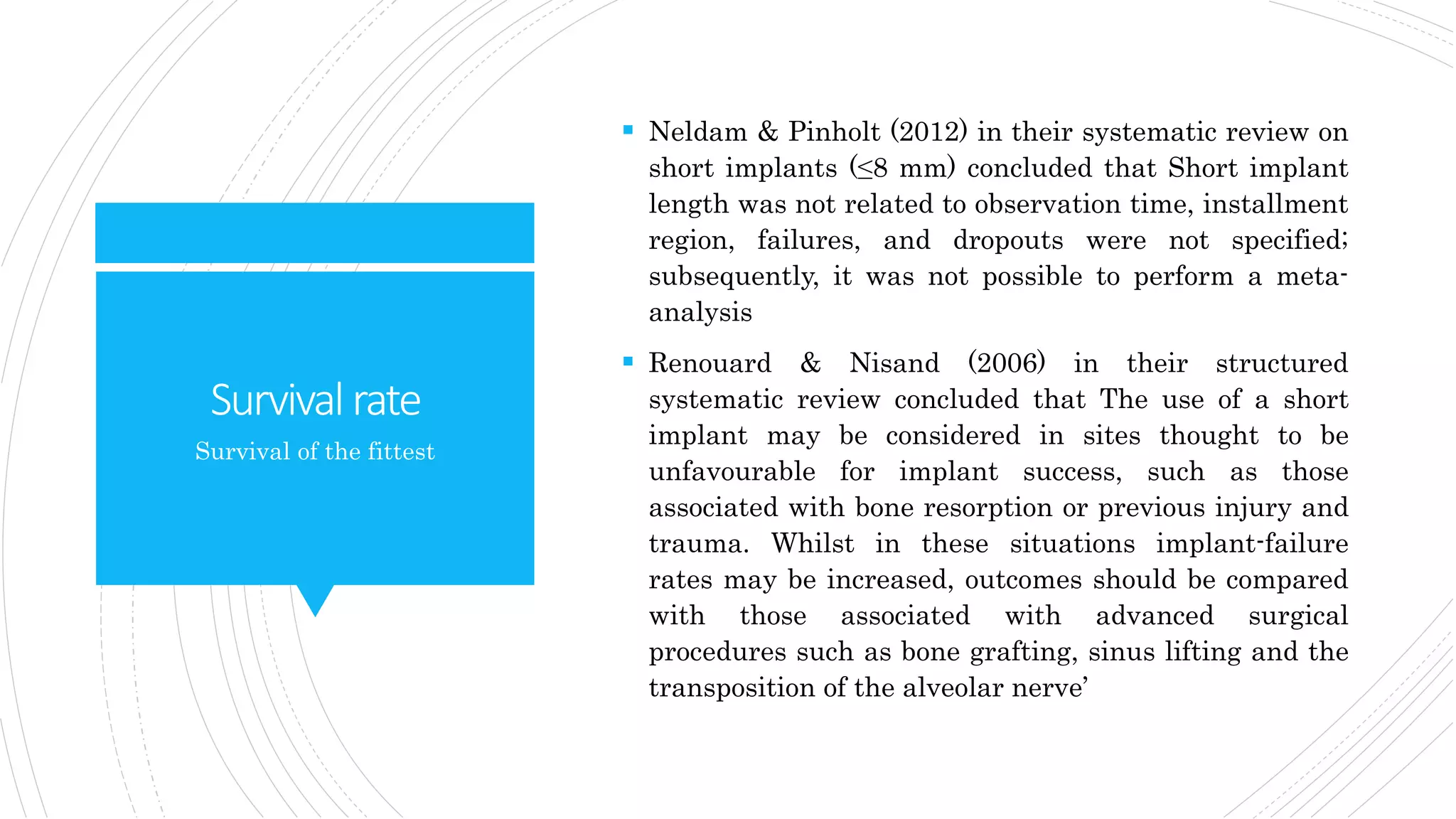 Survivalrate
Survival of the fittest
 Neldam & Pinholt (2012) in their systematic review on
short implants (≤8 mm) concluded that Short implant
length was not related to observation time, installment
region, failures, and dropouts were not specified;
subsequently, it was not possible to perform a meta-
analysis
 Renouard & Nisand (2006) in their structured
systematic review concluded that The use of a short
implant may be considered in sites thought to be
unfavourable for implant success, such as those
associated with bone resorption or previous injury and
trauma. Whilst in these situations implant-failure
rates may be increased, outcomes should be compared
with those associated with advanced surgical
procedures such as bone grafting, sinus lifting and the
transposition of the alveolar nerve’
 