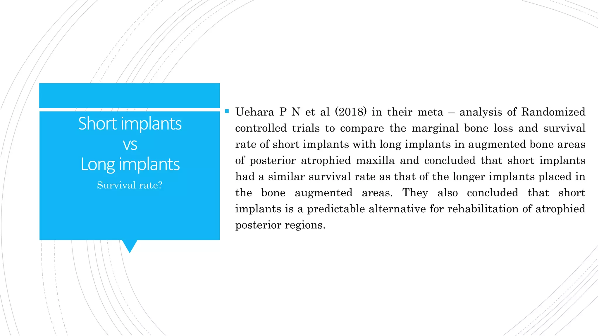 Shortimplants
vs
Longimplants
 Uehara P N et al (2018) in their meta – analysis of Randomized
controlled trials to compare the marginal bone loss and survival
rate of short implants with long implants in augmented bone areas
of posterior atrophied maxilla and concluded that short implants
had a similar survival rate as that of the longer implants placed in
the bone augmented areas. They also concluded that short
implants is a predictable alternative for rehabilitation of atrophied
posterior regions.
Survival rate?
 