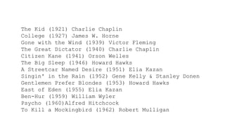 The Kid (1921) Charlie Chaplin
College (1927) James W. Horne
Gone with the Wind (1939) Victor Fleming
The Great Dictator (1940) Charlie Chaplin
Citizen Kane (1941) Orson Welles
The Big Sleep (1946) Howard Hawks
A Streetcar Named Desire (1951) Elia Kazan
Singin' in the Rain (1952) Gene Kelly & Stanley Donen
Gentlemen Prefer Blondes (1953) Howard Hawks
East of Eden (1955) Elia Kazan
Ben-Hur (1959) William Wyler
Psycho (1960)Alfred Hitchcock
To Kill a Mockingbird (1962) Robert Mulligan
 