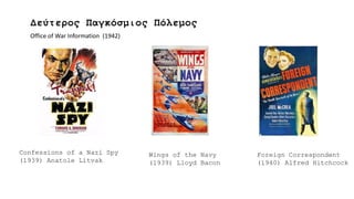 Δεύτερος Παγκόσμιος Πόλεμος
Confessions of a Nazi Spy
(1939) Anatole Litvak
Wings of the Navy
(1939) Lloyd Bacon
Foreign Correspondent
(1940) Alfred Hitchcock
Office of War Information (1942)
 