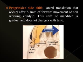  Progressive side shift: lateral translation that
occurs after 2-3mm of forward movement of non
working condyle. This shift of mandible is
gradual and doesnot changes with time.
 