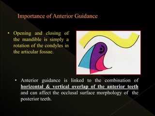 • Opening and closing of
the mandible is simply a
rotation of the condyles in
the articular fossae.
• Anterior guidance is linked to the combination of
horizontal & vertical overlap of the anterior teeth
and can affect the occlusal surface morphology of the
posterior teeth.
 