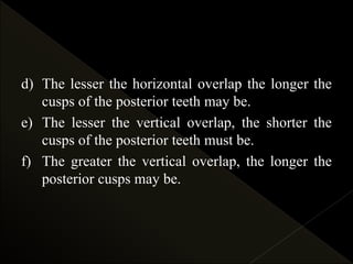 d) The lesser the horizontal overlap the longer the
cusps of the posterior teeth may be.
e) The lesser the vertical overlap, the shorter the
cusps of the posterior teeth must be.
f) The greater the vertical overlap, the longer the
posterior cusps may be.
 