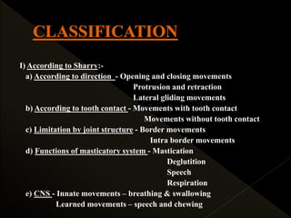 I) According to Sharry:-
a) According to direction - Opening and closing movements
Protrusion and retraction
Lateral gliding movements
b) According to tooth contact - Movements with tooth contact
Movements without tooth contact
c) Limitation by joint structure - Border movements
Intra border movements
d) Functions of masticatory system - Mastication
Deglutition
Speech
Respiration
e) CNS - Innate movements – breathing & swallowing
Learned movements – speech and chewing
 