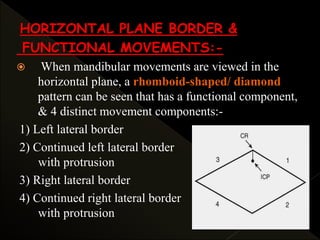 HORIZONTAL PLANE BORDER &
FUNCTIONAL MOVEMENTS:-
 When mandibular movements are viewed in the
horizontal plane, a rhomboid-shaped/ diamond
pattern can be seen that has a functional component,
& 4 distinct movement components:-
1) Left lateral border
2) Continued left lateral border
with protrusion
3) Right lateral border
4) Continued right lateral border
with protrusion
 