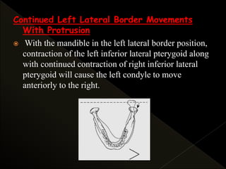 Continued Left Lateral Border Movements
With Protrusion
 With the mandible in the left lateral border position,
contraction of the left inferior lateral pterygoid along
with continued contraction of right inferior lateral
pterygoid will cause the left condyle to move
anteriorly to the right.
 