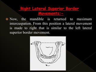 Right Lateral Superior Border
Movements:-
 Now, the mandible is returned to maximum
intercuspation. From this position a lateral movement
is made to right that is similar to the left lateral
superior border movement.
 