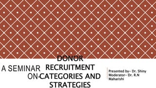 A SEMINAR
ON-
DONOR
RECRUITMENT
CATEGORIES AND
STRATEGIES
Presented by- Dr. Shiny
Moderator- Dr. R.N
Maharishi
 